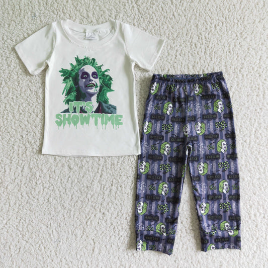 BSSO0084 boy halloween white short sleeve shirt and purple pants 2pieces set