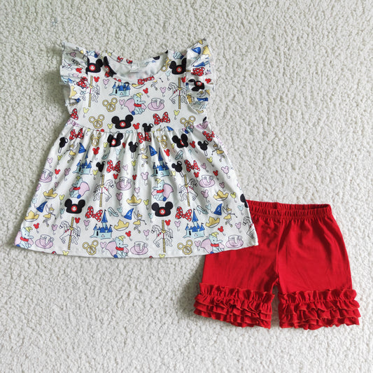 A15-22 summer girl short sleeve tunic match red cotton icing ruffle shorts