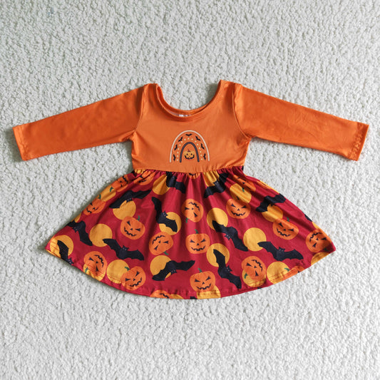 GLD0016 girl orange color long sleeve stitching twirl dress with pumpkins