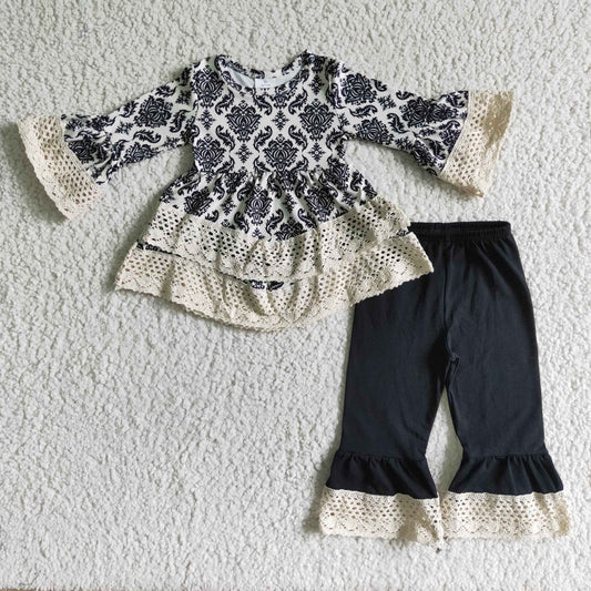 6 A11-16 girl high quality lace long sleeve top match black cotton pants kids autumn outfit