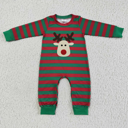 LR0028 infants red and green stripes long sleeve romper  boy christmas deer embroidery jumpsuit