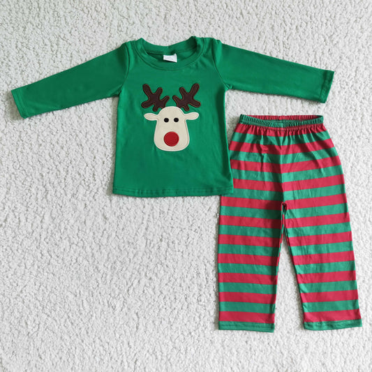 BLP0008 christmas boy green cotton long sleeve top and stripes pants outfit with deer embroidery