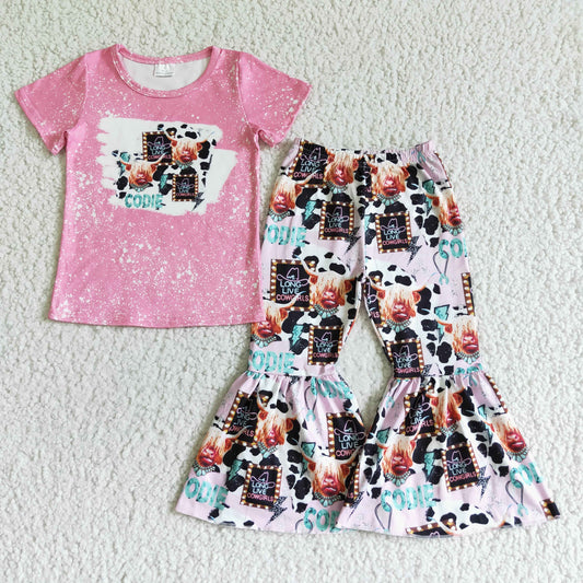 GSPO0026 girl pink short sleeve shirt and cow pattern bell bottoms set