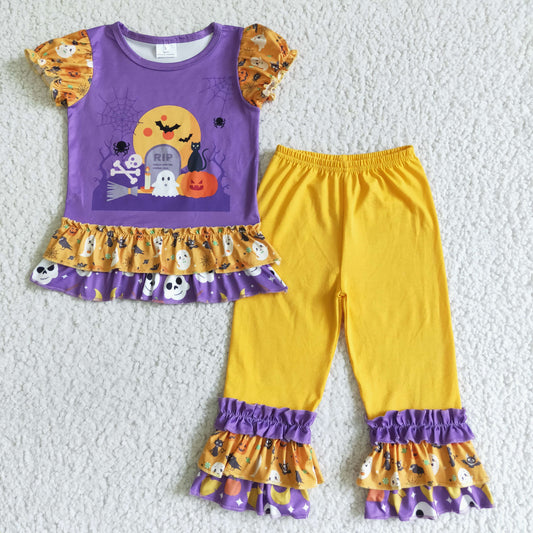 GSPO0137 girl puff short sleeve purple top match stitching ruffles pants set halloween pumpkin outfit