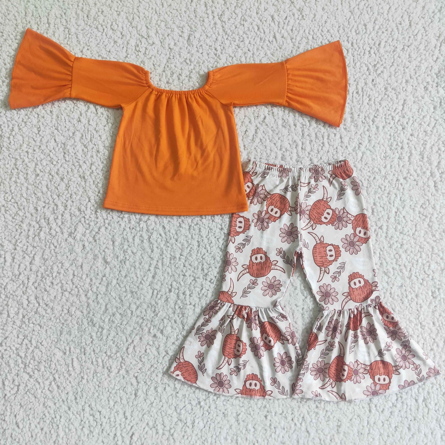 GLP0009 girl autumn winter long sleeve outfit with orange cotton top match flowers pattern bell bottom