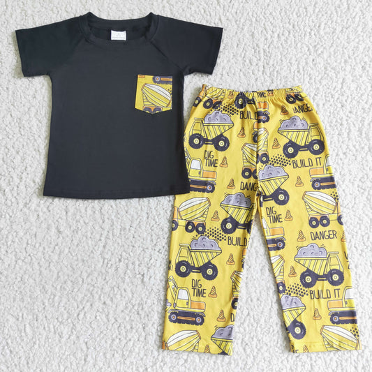 BSPO0010 boy summer black short sleeve top match yellow pants set