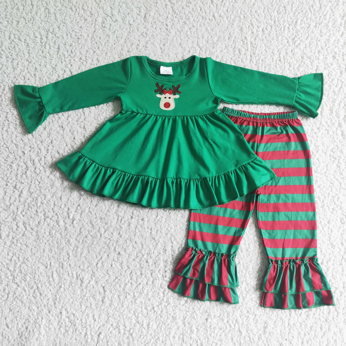 GLP0046 girl winter green cotton long sleeve tunic top stripes ruffle pants set christmas outfit