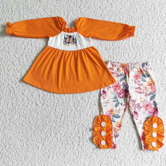 GLP0024 girl fall orange cotton long sleeve top and flowers pattern pants set for halloween