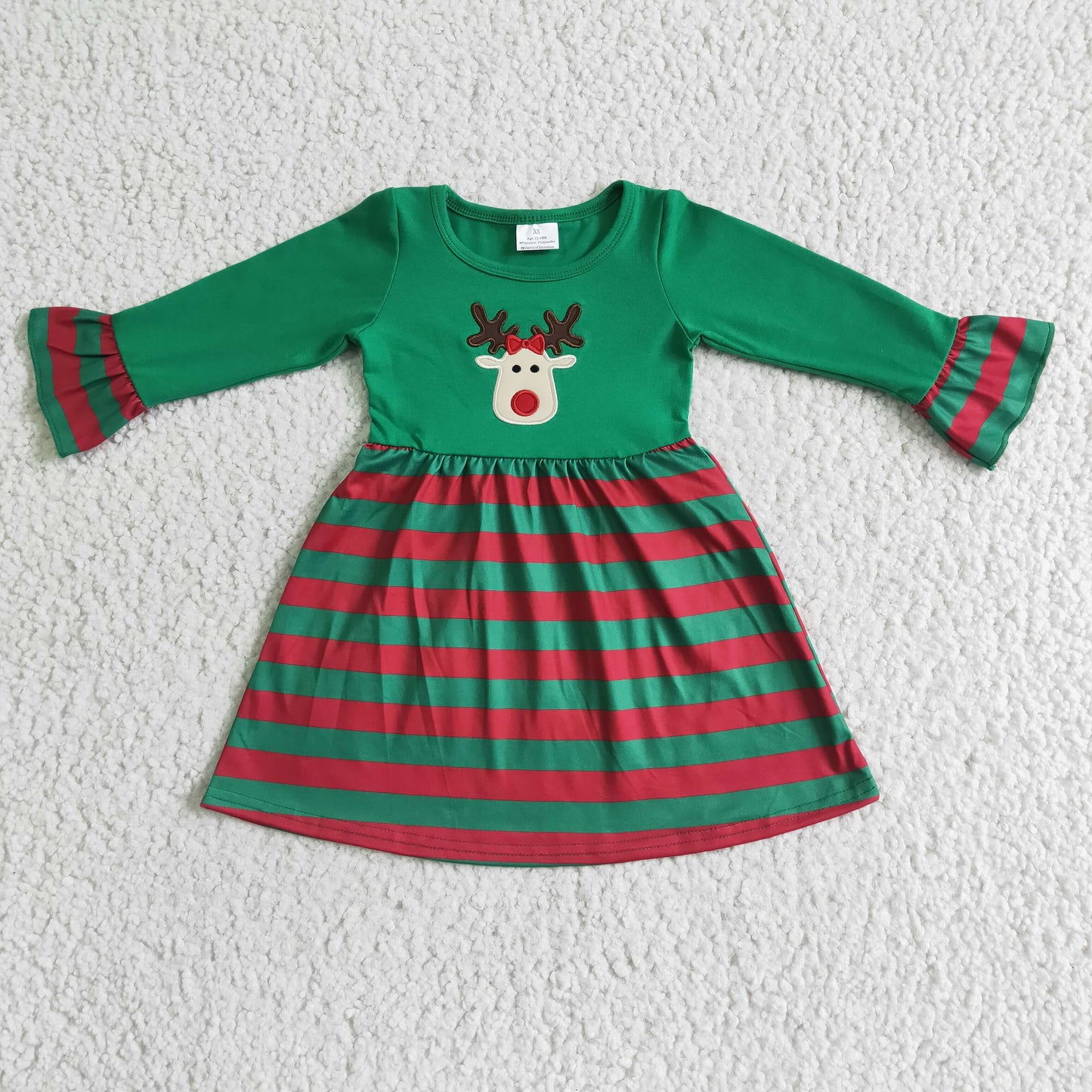 GLD0014 girl winter long sleeve frock christmas cute deer embroidery stripes twirl dress