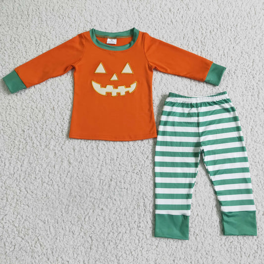 BLP0003 boy orange cotton long sleeve blouses match stripes pants halloween pumpkin pajamas set