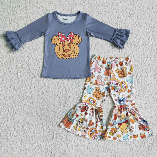 GLP0002 girl pumpkin pattern long sleeve top and flare pants outfit for halloween