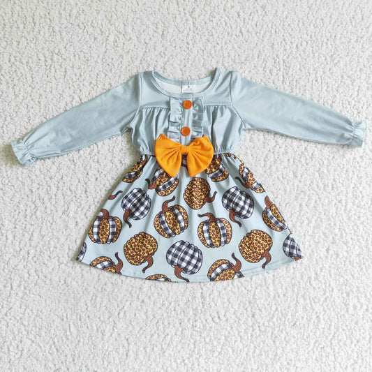 GLD0007 girl long sleeve stitching frock kids leopard pumpkin pattern twirl dress with bow
