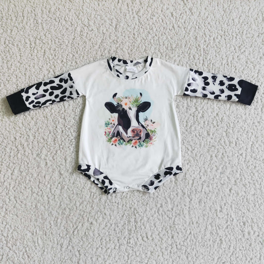 LR0026 girl stitching leopard long sleeve romper kids fashion flowers and milk cow pattern jumpsuit