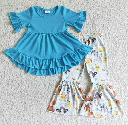 GSPO0112 girl blue cotton short sleeve ruffle top and animal pattern bell bottoms farm style outfit