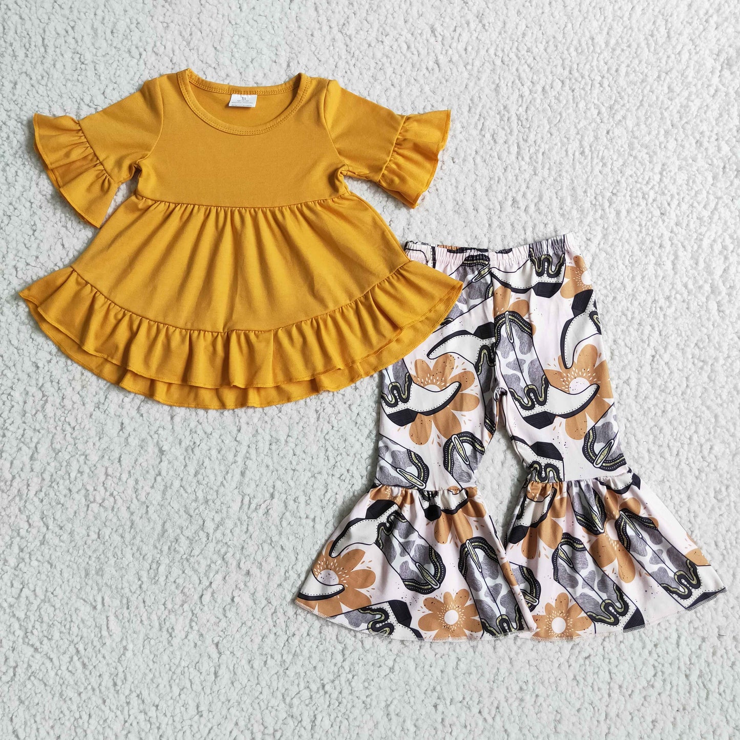 GSPO0104 girl yellow cotton short sleeve top match bell bottoms set spring autumn children o-neck outfit