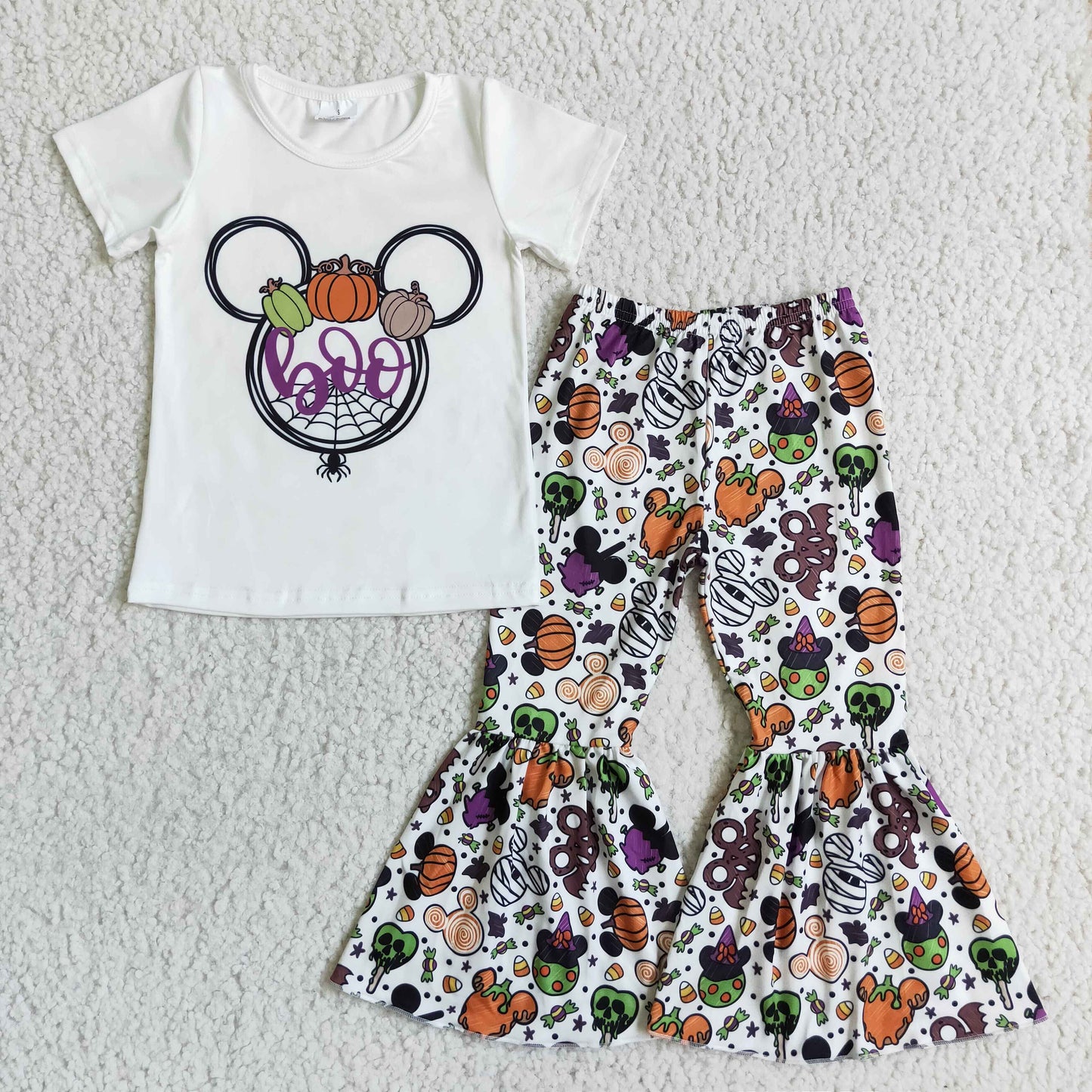 GSPO0146 halloween girl white short sleeve blouse and pumpkin flare pants outfit