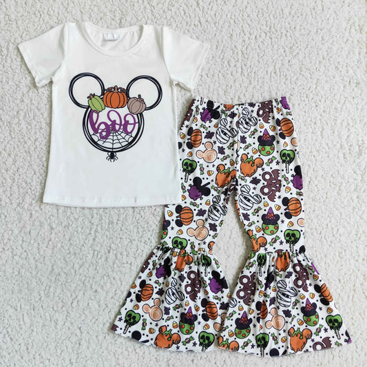 GSPO0146 halloween girl white short sleeve blouse and pumpkin flare pants outfit