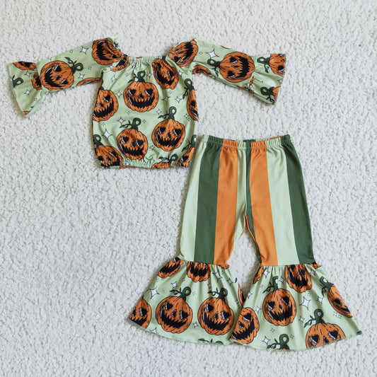 GLP0023 autumn girl long sleeve one shoulder top pumpkin and stripe stitching pants 2pieces set