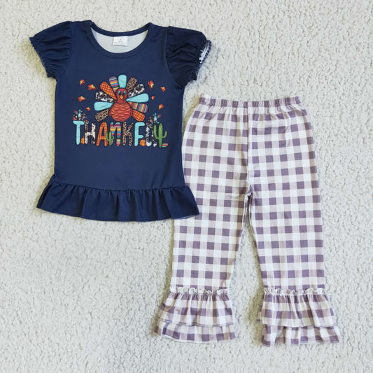 GSPO0120 girl short puff sleeve top with thankful letters plaids ruffle pants set thanksgiving day kids turkey outfit