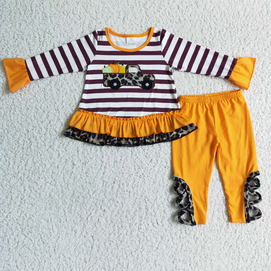 GLP0005 girl stripe long sleeve top with pumpkin and leopard car embroidery match leggings