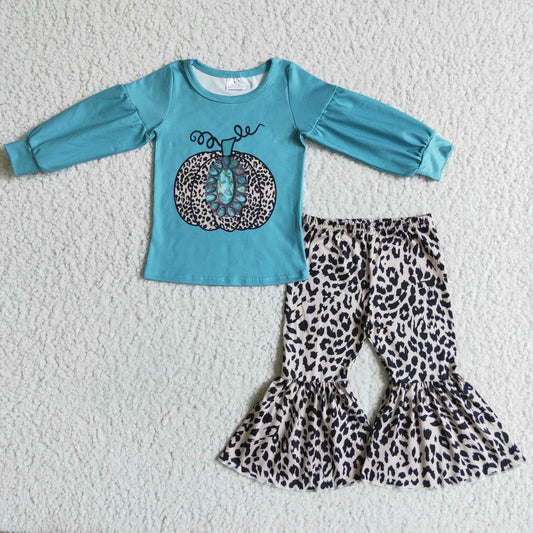GLP0070 girl blue long sleeve top and leopard bell pants set children autumn pumpkin outfit