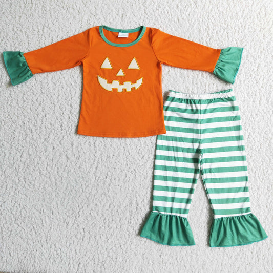 GLP0020 girl orange solid color long sleeve top stripes ruffle pants set halloween pumpkin outfit