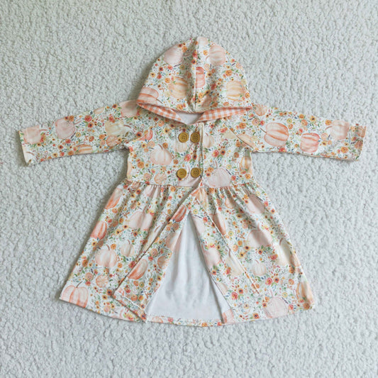GT0008 girl long sleeve hoodie dress children pumpkin and flowers pattern outwear with buttons