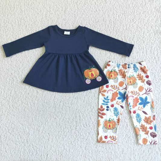GLP0051 girl halloween navy cotton long sleeve top and pumpkin pattern pants outfit