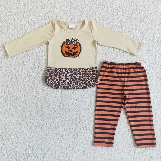 GLP0043 girl long sleeve pumpkin embroidery top match stripes pants halloween outfit