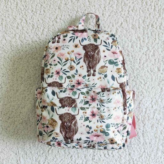 BA0007 high quality boy and girls highland cow and flowers pattern backpack