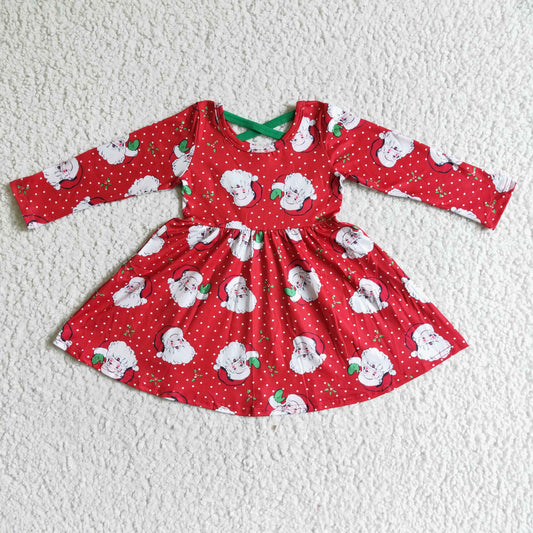 6 C10-18 girl red long sleeve white polka dot twirl dress with santa pattern