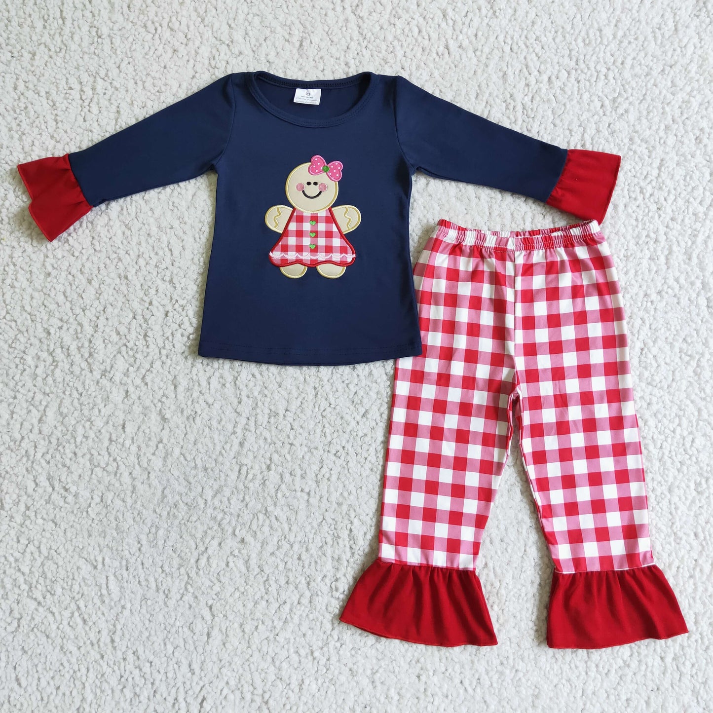 GLP0034 christmas girl navy cotton ruffle long sleeve top and plaids elastic waist pants