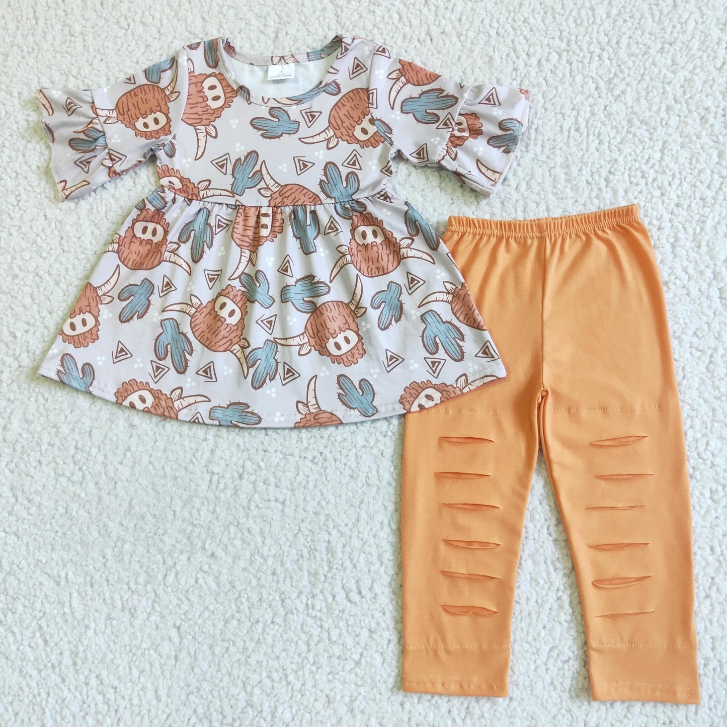 GSPO0095 new arrival girl highland cow print top match orange cotton ripped pants