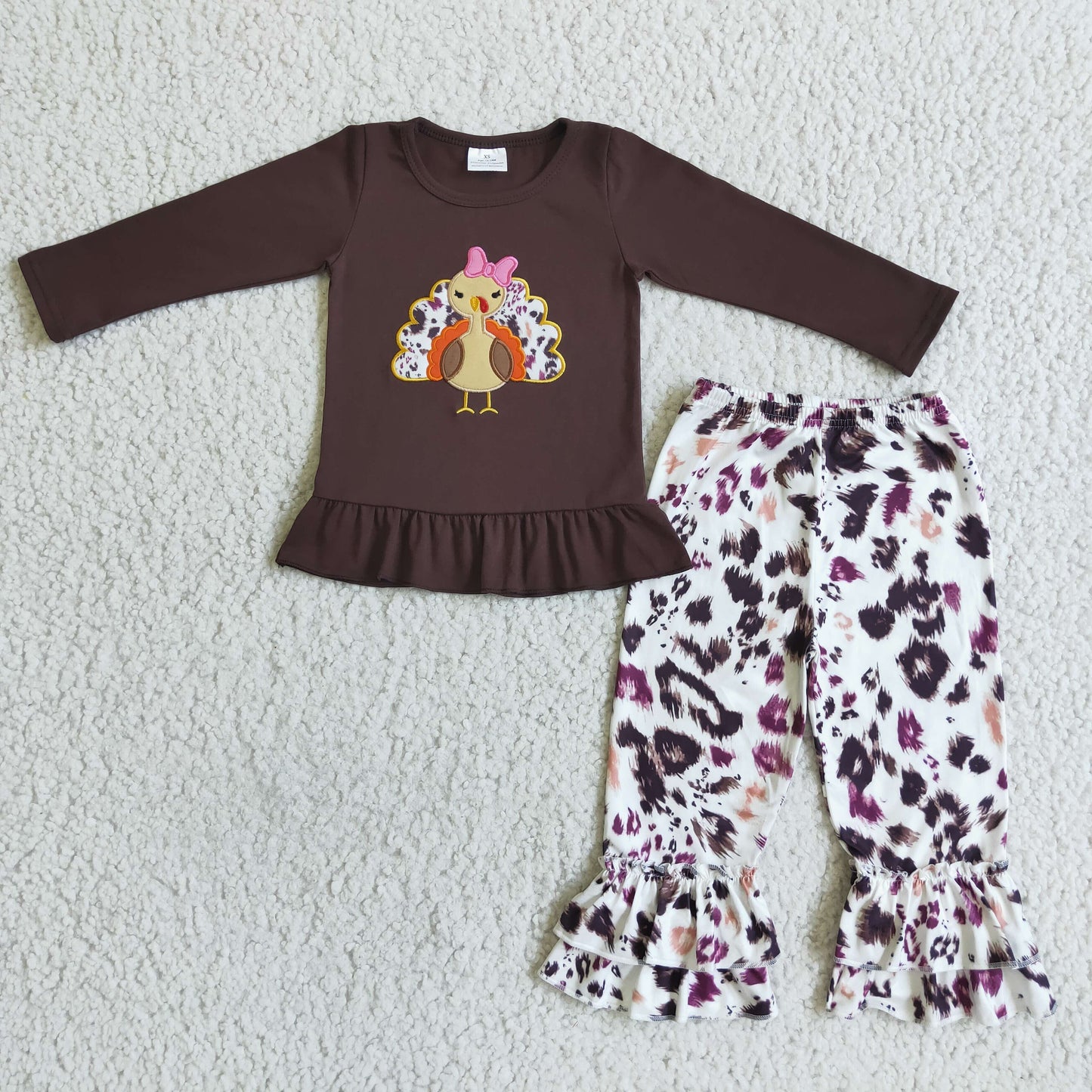 GLP0059 girl thanksgiving day brown long sleeve top with turkey embroidery match colorful leopard bell bottoms