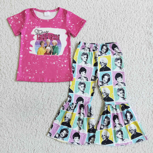 E4-13 girl pink short sleeve match bell bottoms 2pieces set