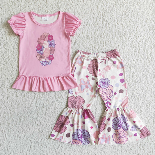 GSPO0143 girl pink puff short sleeve top and flowers pattern bell pants