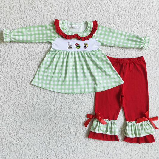 GLP0033 girl green and white plaids long sleeve top match red cotton pants for christmas