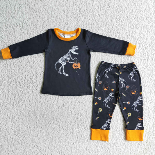BLP0015 boy halloween pumpkin and dinosaur pattern long sleeve pajamas set