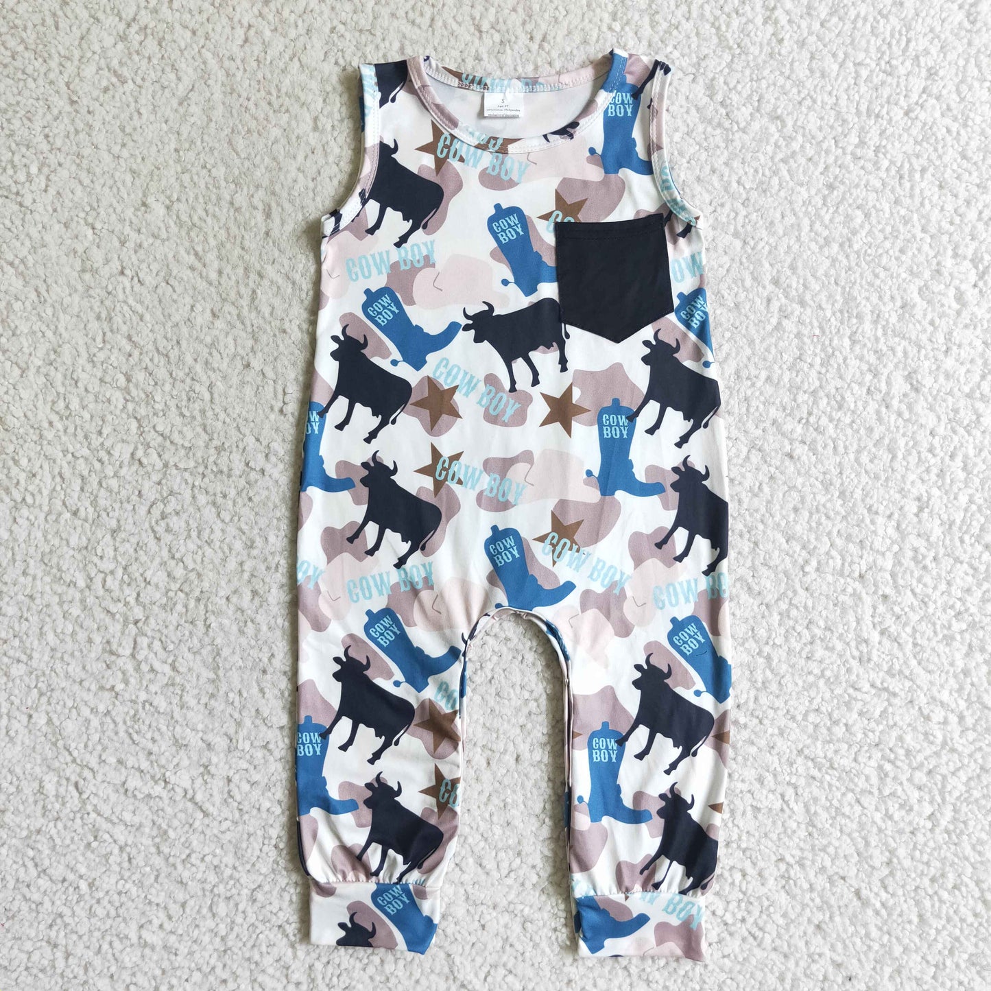 SR0072 baby boy sleeveless romper kids summer cow print jumpsuit with black pocket