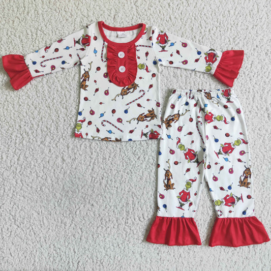 GLP0087 girl christmas long sleeve top and ruffle pants outfit  kids pajamas set