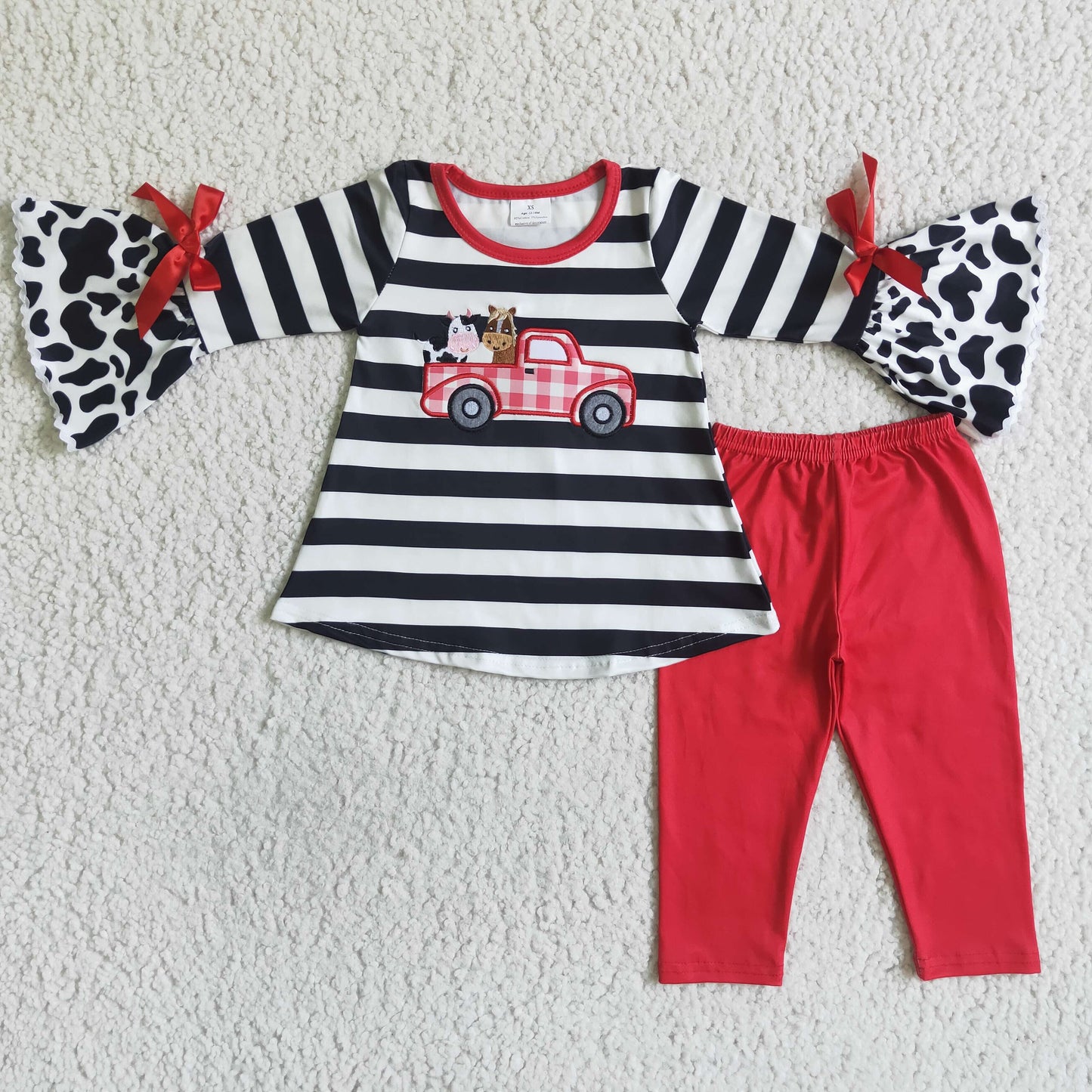 GLP0031 girl farm fall long sleeve outfit with animal embroidery top and red cotton pants