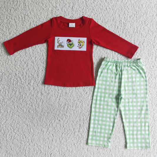 BLP0006 boy christmas red cotton long sleeve top and plaids pants set