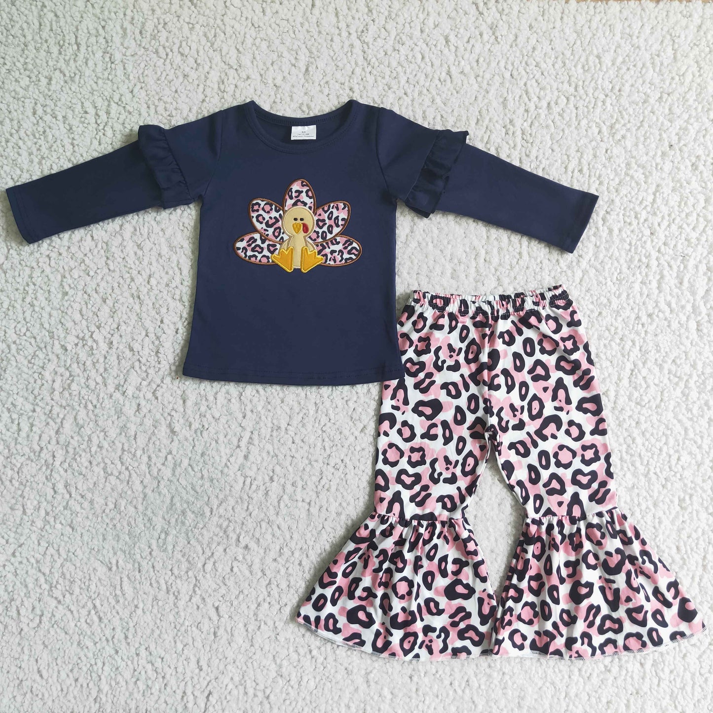 GLP0061 girl navy blue top with turkey embroidery match pink leopard bell pants set