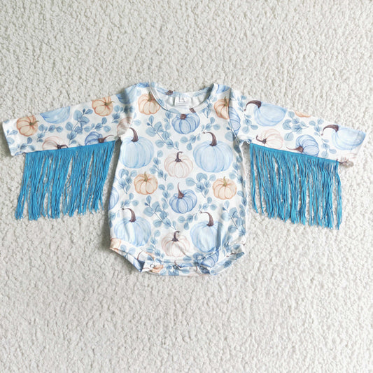 LR0047 baby girls pumpkin and flowers pattern long sleeve romper with blue tassel