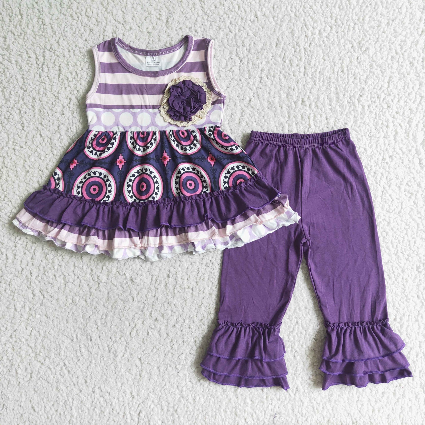 C2-5 girl sleeveless stripe flowers ruffle top match purple cotton pants