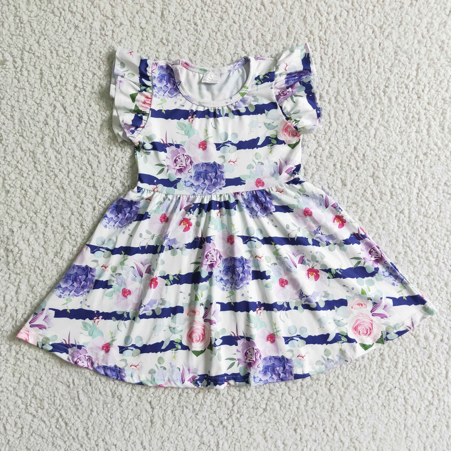 A8-6 girl summer flutter sleeve twirl dress kids purple flowers pattern frock