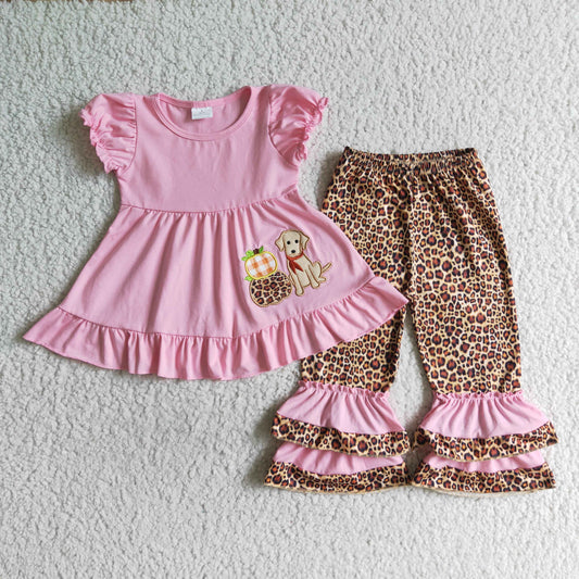 GSPO0135 girl pink cotton puff sleeve top with pumpkin embroidery match leopard ruffles pants for halloween