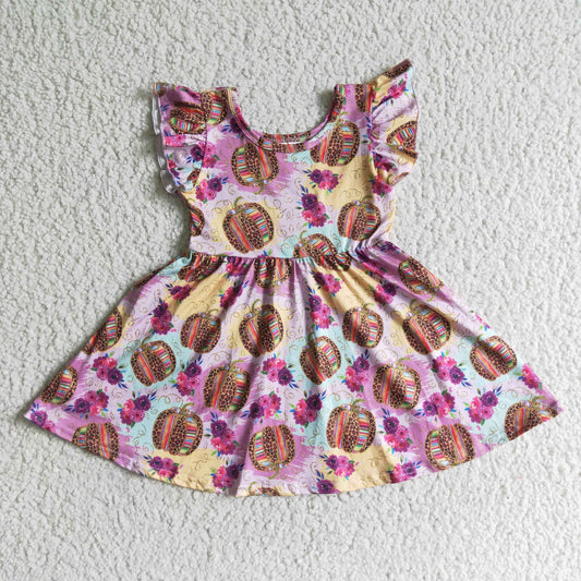 GSD0132 girl leopard pumpkin and flowers fattern short sleeve twirl dress for halloween