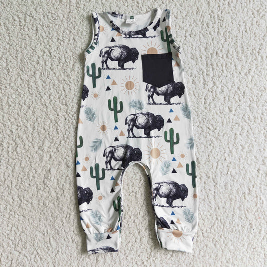 SR0071 boy sleeveless cactus and cow pattern romper with black pocket