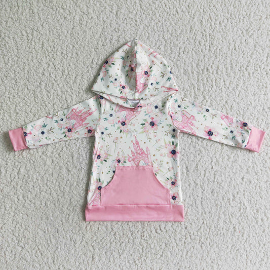 GT0011 girl flowers print long sleeve hoodie with pink pocket